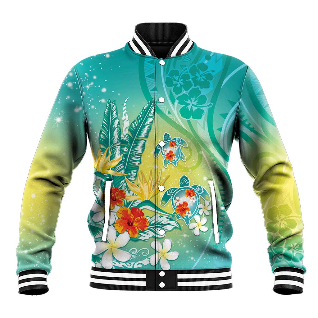 Hawaii Honu Baseball Jacket Tropical Flowers Turquoise Gradient