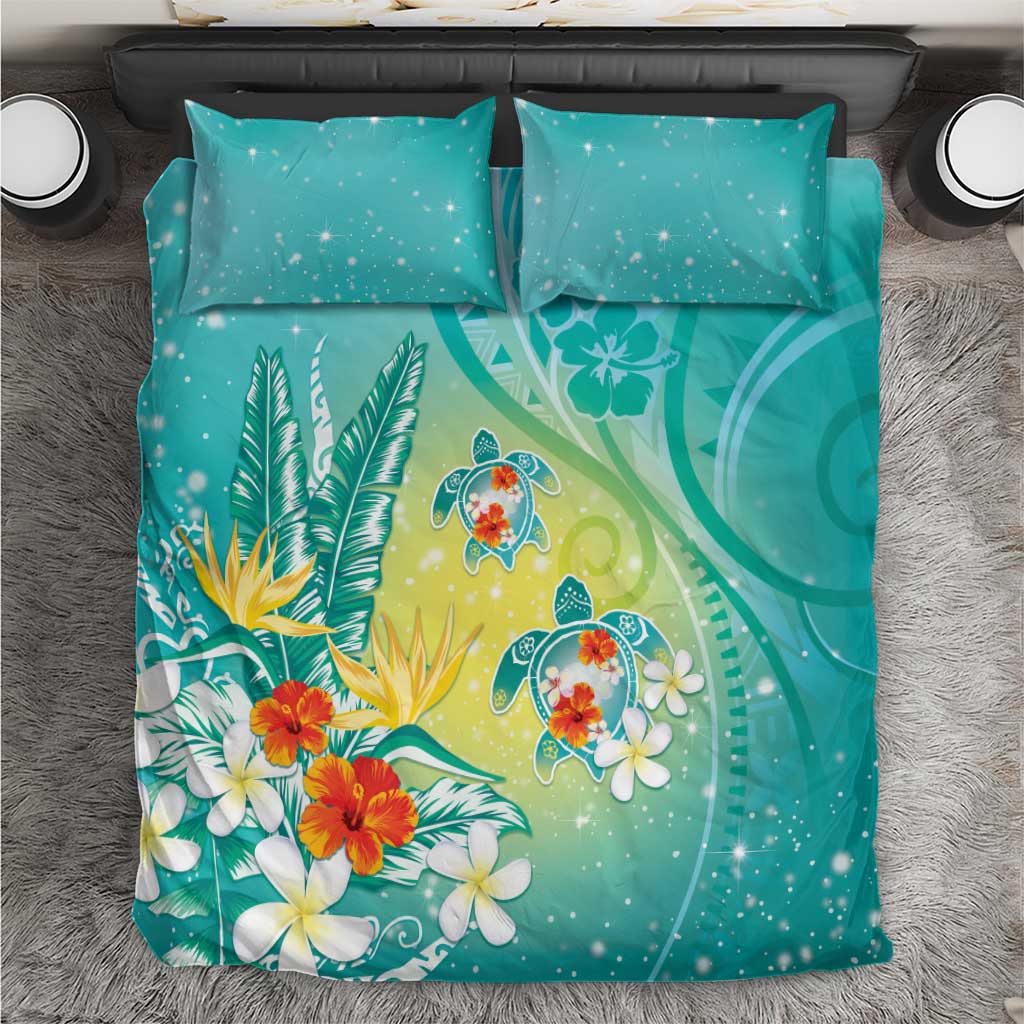 Hawaii Honu Bedding Set Tropical Flowers Turquoise Gradient