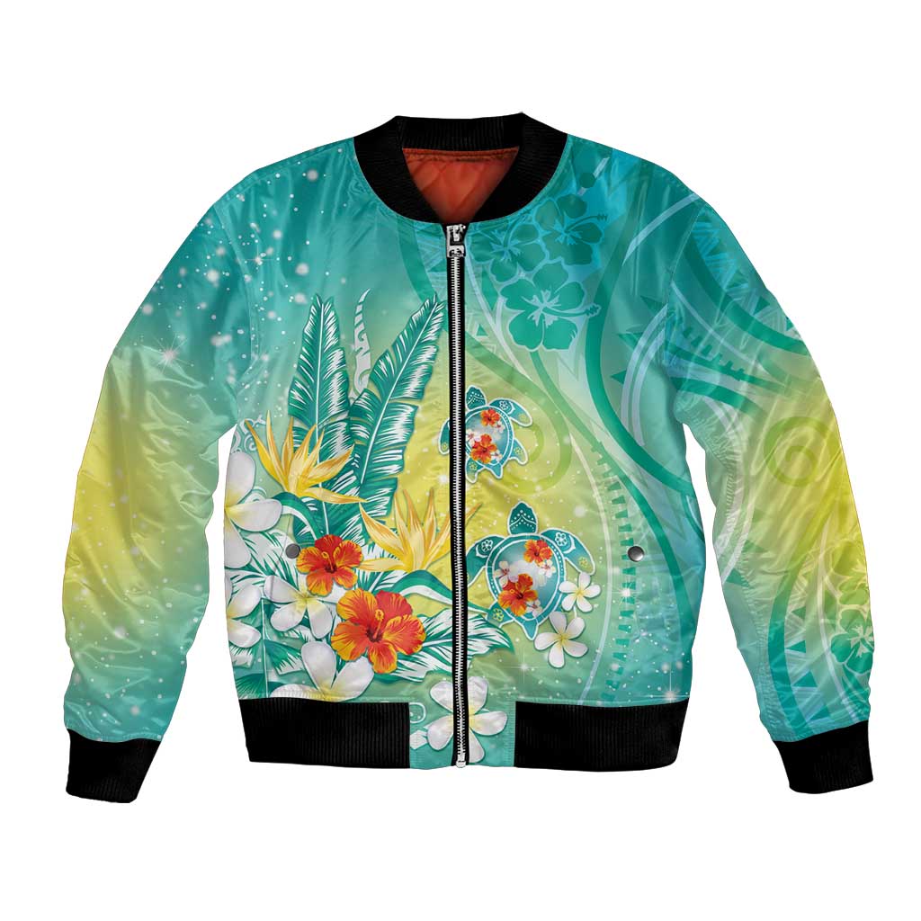 Hawaii Honu Bomber Jacket Tropical Flowers Turquoise Gradient