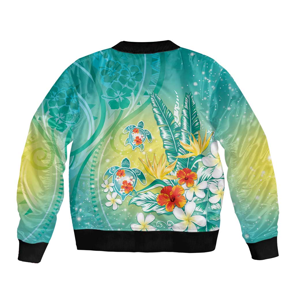 Hawaii Honu Bomber Jacket Tropical Flowers Turquoise Gradient