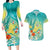 Hawaii Honu Couples Matching Long Sleeve Bodycon Dress and Hawaiian Shirt Tropical Flowers Turquoise Gradient