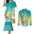 Hawaii Honu Couples Matching Mermaid Dress and Long Sleeve Button Shirt Tropical Flowers Turquoise Gradient