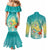 Hawaii Honu Couples Matching Mermaid Dress and Long Sleeve Button Shirt Tropical Flowers Turquoise Gradient