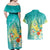 Hawaii Honu Couples Matching Off Shoulder Maxi Dress and Hawaiian Shirt Tropical Flowers Turquoise Gradient