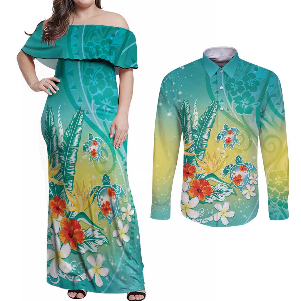 Hawaii Honu Couples Matching Off Shoulder Maxi Dress and Long Sleeve Button Shirt Tropical Flowers Turquoise Gradient