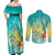 Hawaii Honu Couples Matching Off Shoulder Maxi Dress and Long Sleeve Button Shirt Tropical Flowers Turquoise Gradient