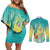 Hawaii Honu Couples Matching Off Shoulder Short Dress and Long Sleeve Button Shirt Tropical Flowers Turquoise Gradient