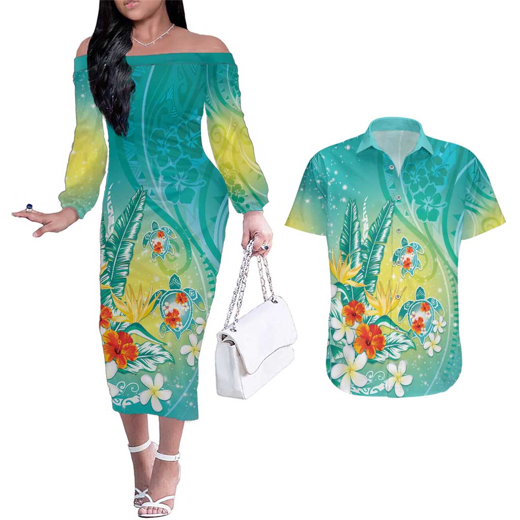 Hawaii Honu Couples Matching Off The Shoulder Long Sleeve Dress and Hawaiian Shirt Tropical Flowers Turquoise Gradient