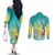 Hawaii Honu Couples Matching Off The Shoulder Long Sleeve Dress and Long Sleeve Button Shirt Tropical Flowers Turquoise Gradient