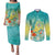 Hawaii Honu Couples Matching Puletasi and Long Sleeve Button Shirt Tropical Flowers Turquoise Gradient