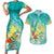 Hawaii Honu Couples Matching Short Sleeve Bodycon Dress and Hawaiian Shirt Tropical Flowers Turquoise Gradient