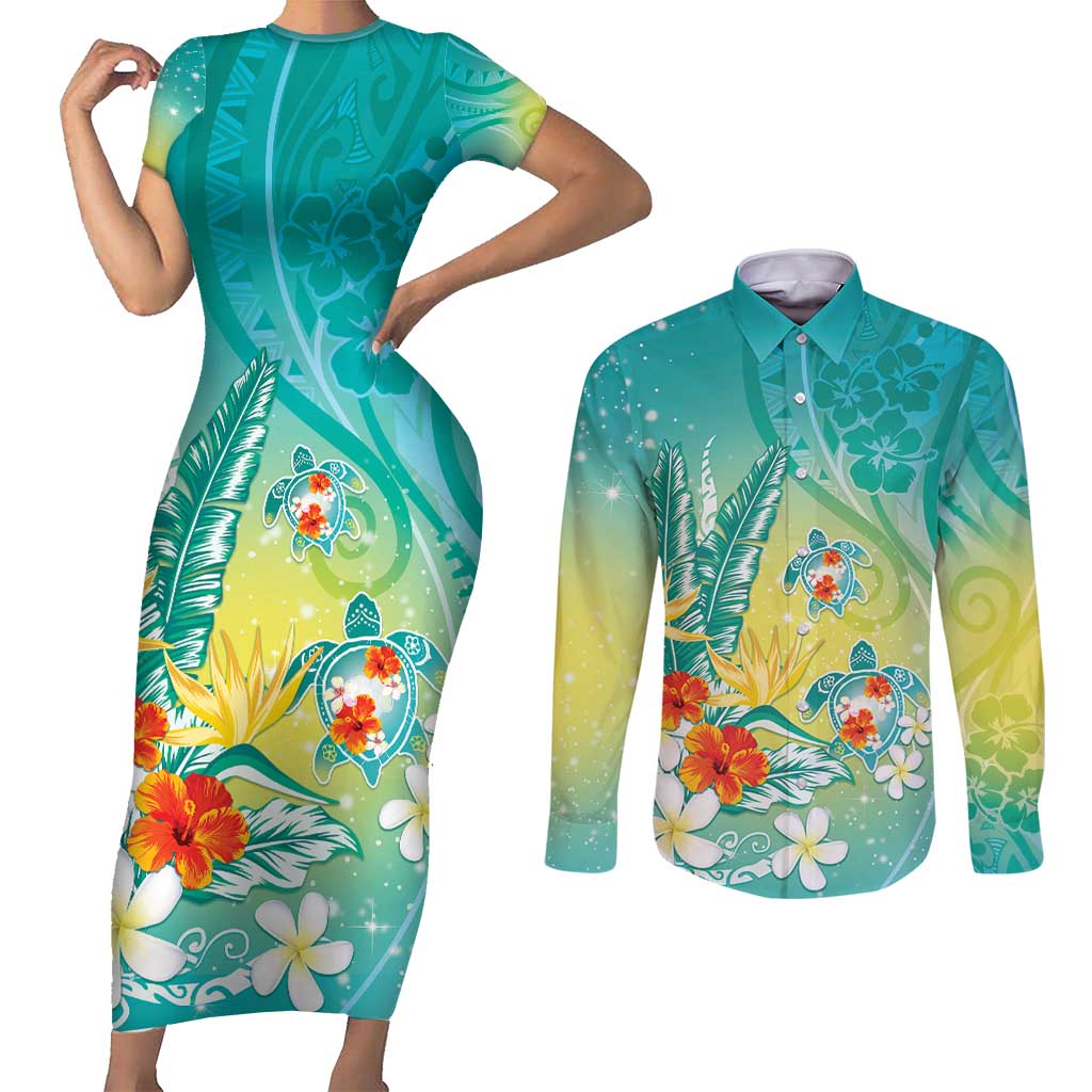 Hawaii Honu Couples Matching Short Sleeve Bodycon Dress and Long Sleeve Button Shirt Tropical Flowers Turquoise Gradient