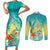 Hawaii Honu Couples Matching Short Sleeve Bodycon Dress and Long Sleeve Button Shirt Tropical Flowers Turquoise Gradient