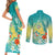 Hawaii Honu Couples Matching Short Sleeve Bodycon Dress and Long Sleeve Button Shirt Tropical Flowers Turquoise Gradient