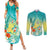 Hawaii Honu Couples Matching Summer Maxi Dress and Long Sleeve Button Shirt Tropical Flowers Turquoise Gradient