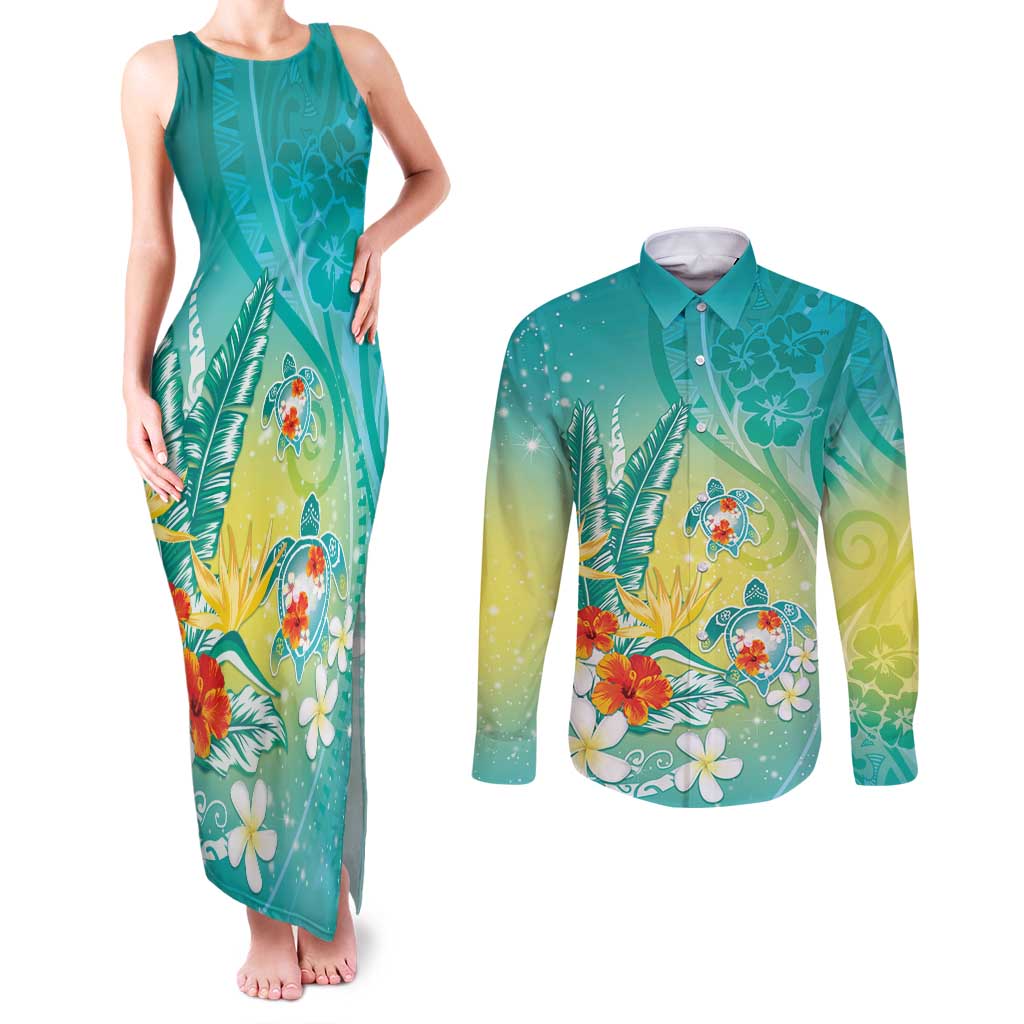 Hawaii Honu Couples Matching Tank Maxi Dress and Long Sleeve Button Shirt Tropical Flowers Turquoise Gradient