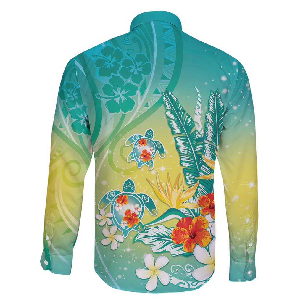 Hawaii Honu Family Matching Long Sleeve Bodycon Dress and Hawaiian Shirt Tropical Flowers Turquoise Gradient