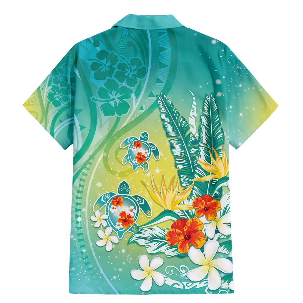 Hawaii Honu Family Matching Mermaid Dress and Hawaiian Shirt Tropical Flowers Turquoise Gradient