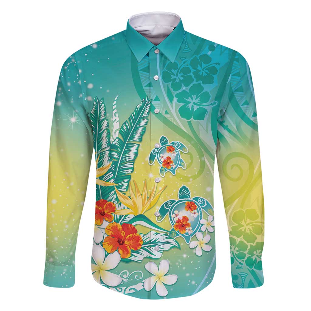 Hawaii Honu Family Matching Mermaid Dress and Hawaiian Shirt Tropical Flowers Turquoise Gradient