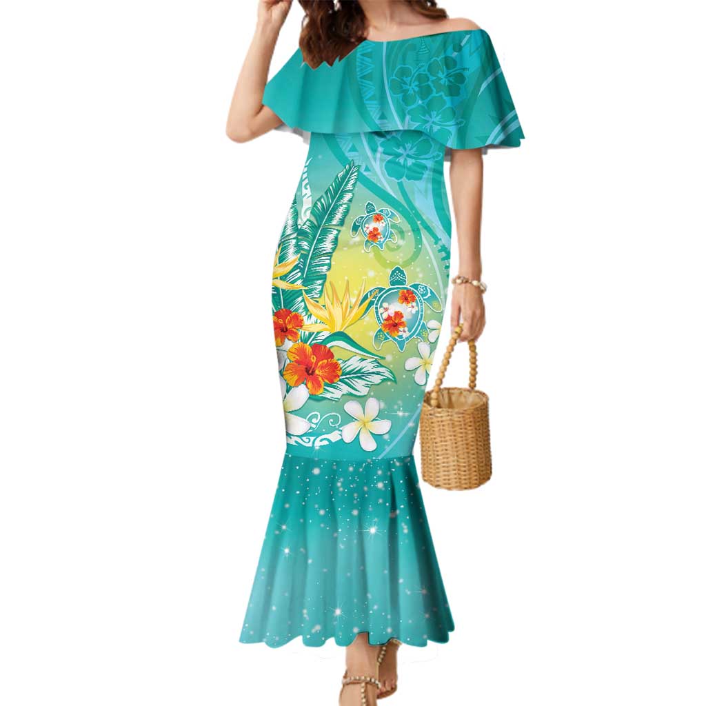 Hawaii Honu Family Matching Mermaid Dress and Hawaiian Shirt Tropical Flowers Turquoise Gradient