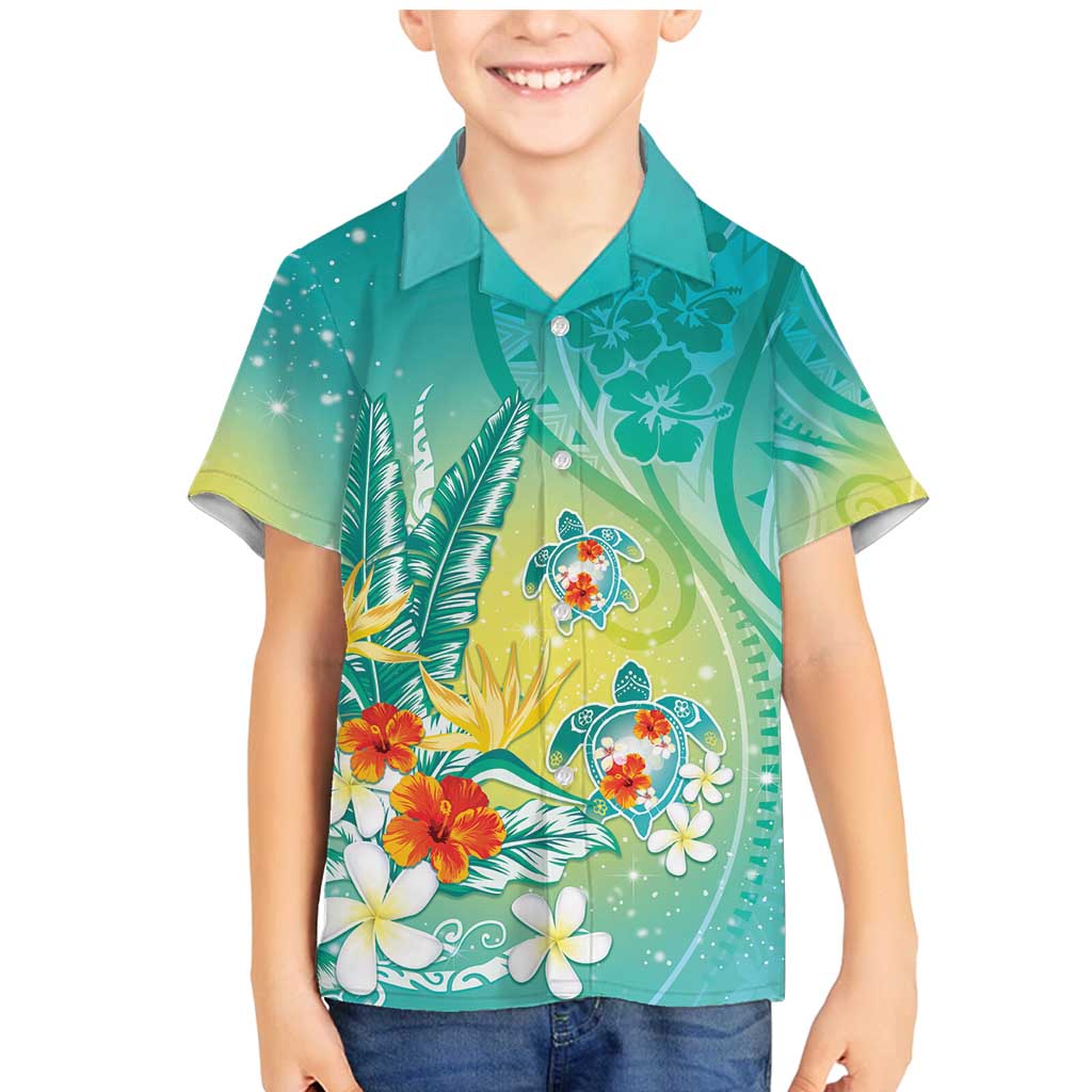 Hawaii Honu Family Matching Mermaid Dress and Hawaiian Shirt Tropical Flowers Turquoise Gradient
