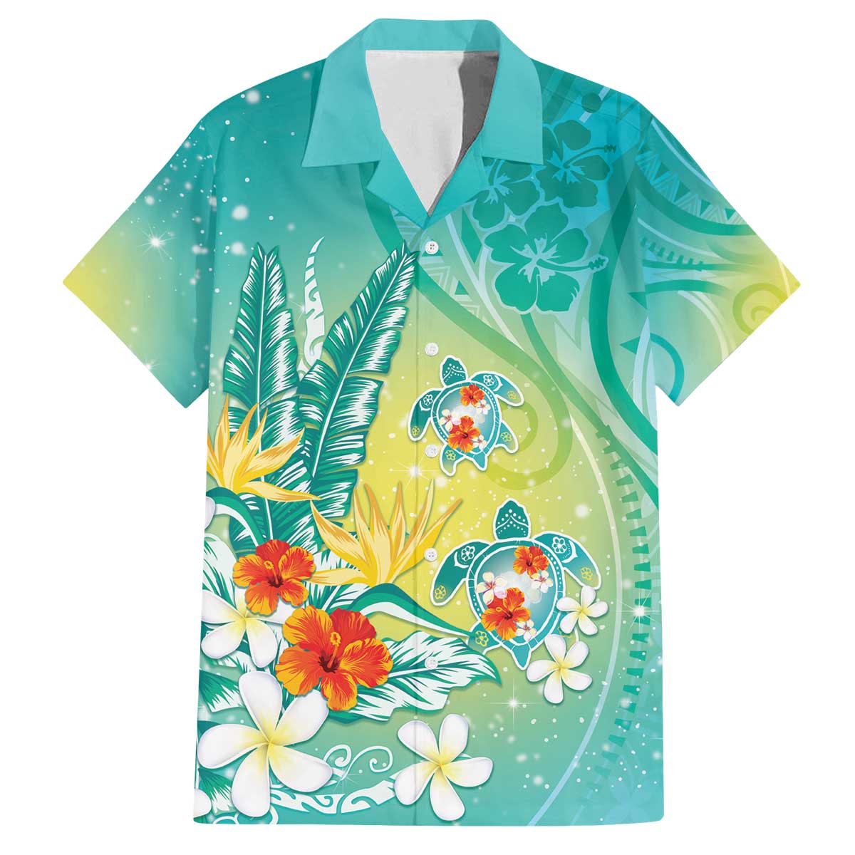 Hawaii Honu Family Matching Off The Shoulder Long Sleeve Dress and Hawaiian Shirt Tropical Flowers Turquoise Gradient