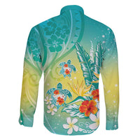 Hawaii Honu Family Matching Puletasi and Hawaiian Shirt Tropical Flowers Turquoise Gradient