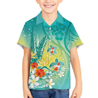 Hawaii Honu Family Matching Puletasi and Hawaiian Shirt Tropical Flowers Turquoise Gradient