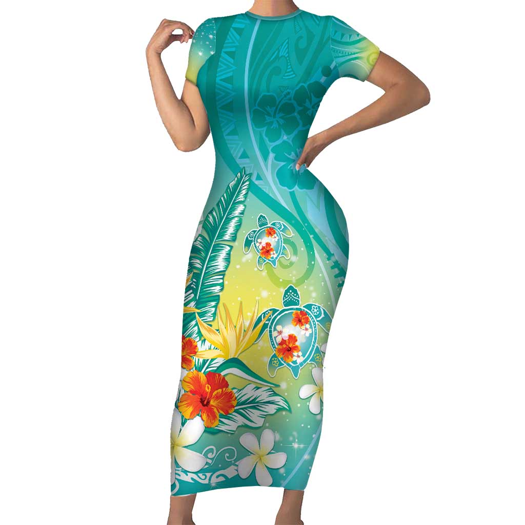 Hawaii Honu Family Matching Short Sleeve Bodycon Dress and Hawaiian Shirt Tropical Flowers Turquoise Gradient