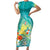 Hawaii Honu Family Matching Short Sleeve Bodycon Dress and Hawaiian Shirt Tropical Flowers Turquoise Gradient