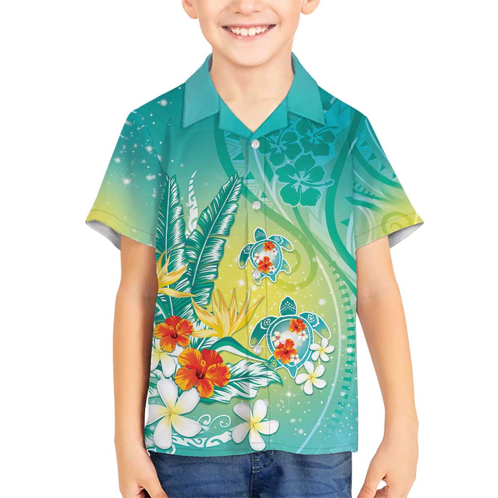 Hawaii Honu Family Matching Tank Maxi Dress and Hawaiian Shirt Tropical Flowers Turquoise Gradient