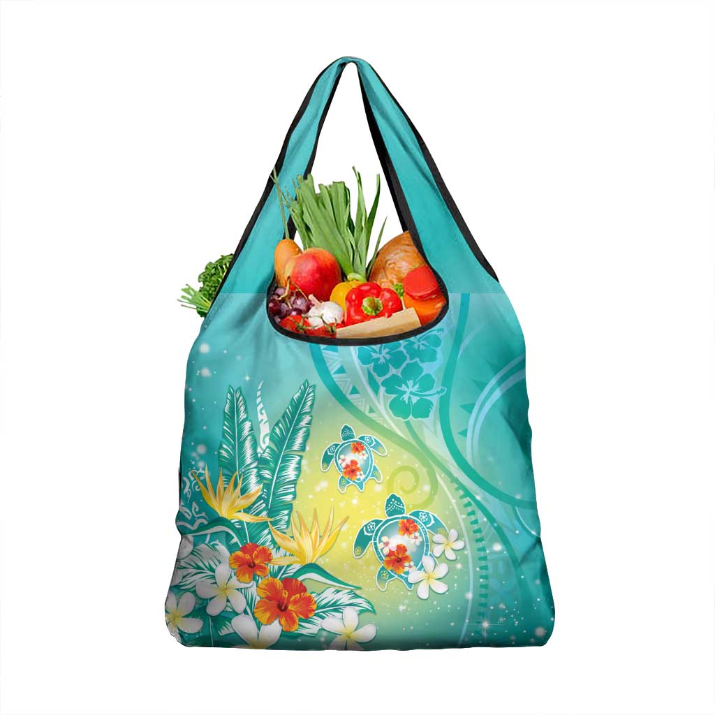 Hawaii Honu Grocery Bag Tropical Flowers Turquoise Gradient