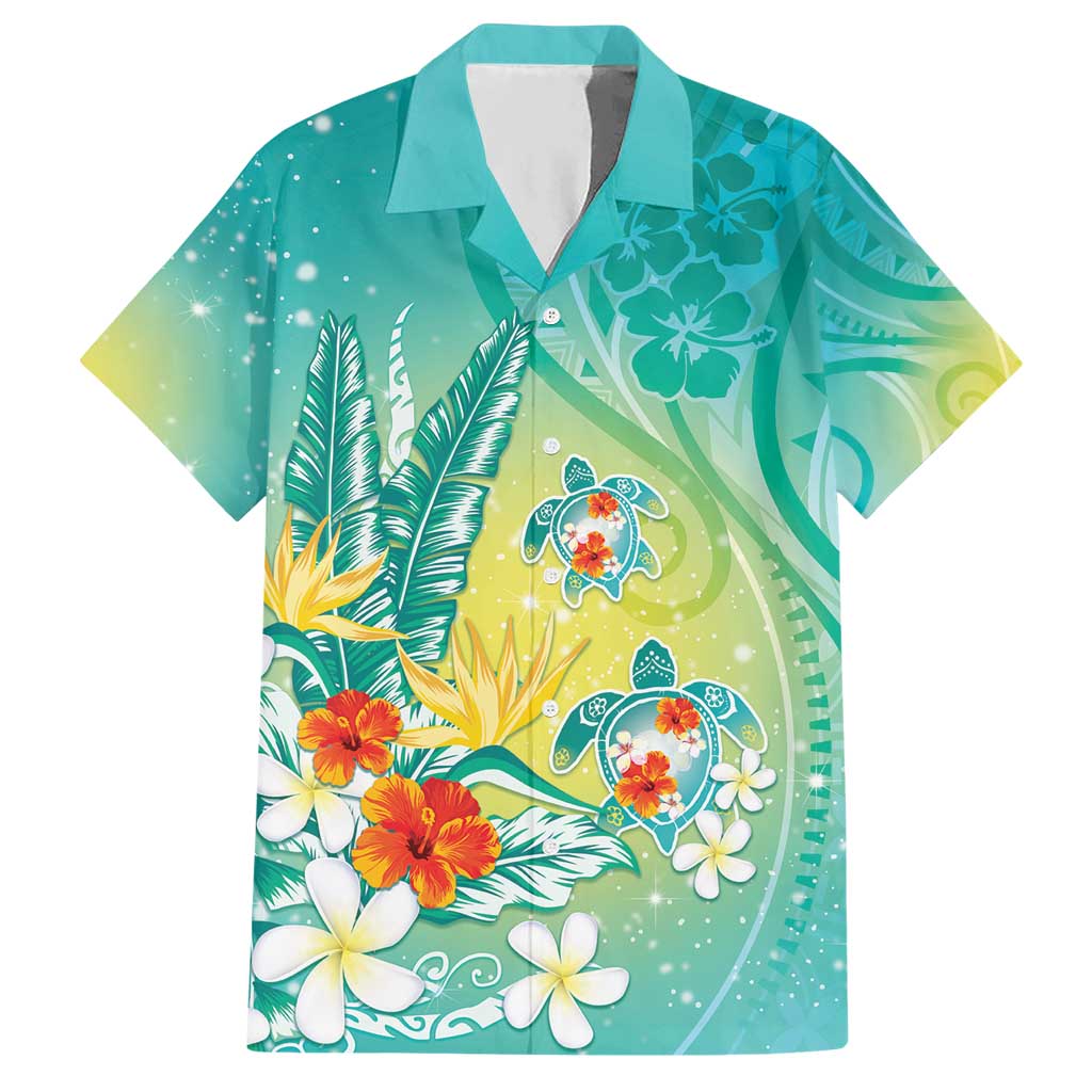 Hawaii Honu Hawaiian Shirt Tropical Flowers Turquoise Gradient