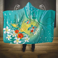 Hawaii Honu Hooded Blanket Tropical Flowers Turquoise Gradient