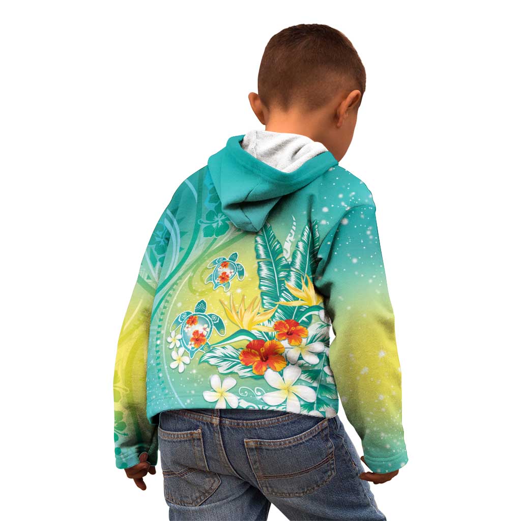 Hawaii Honu Kid Hoodie Tropical Flowers Turquoise Gradient