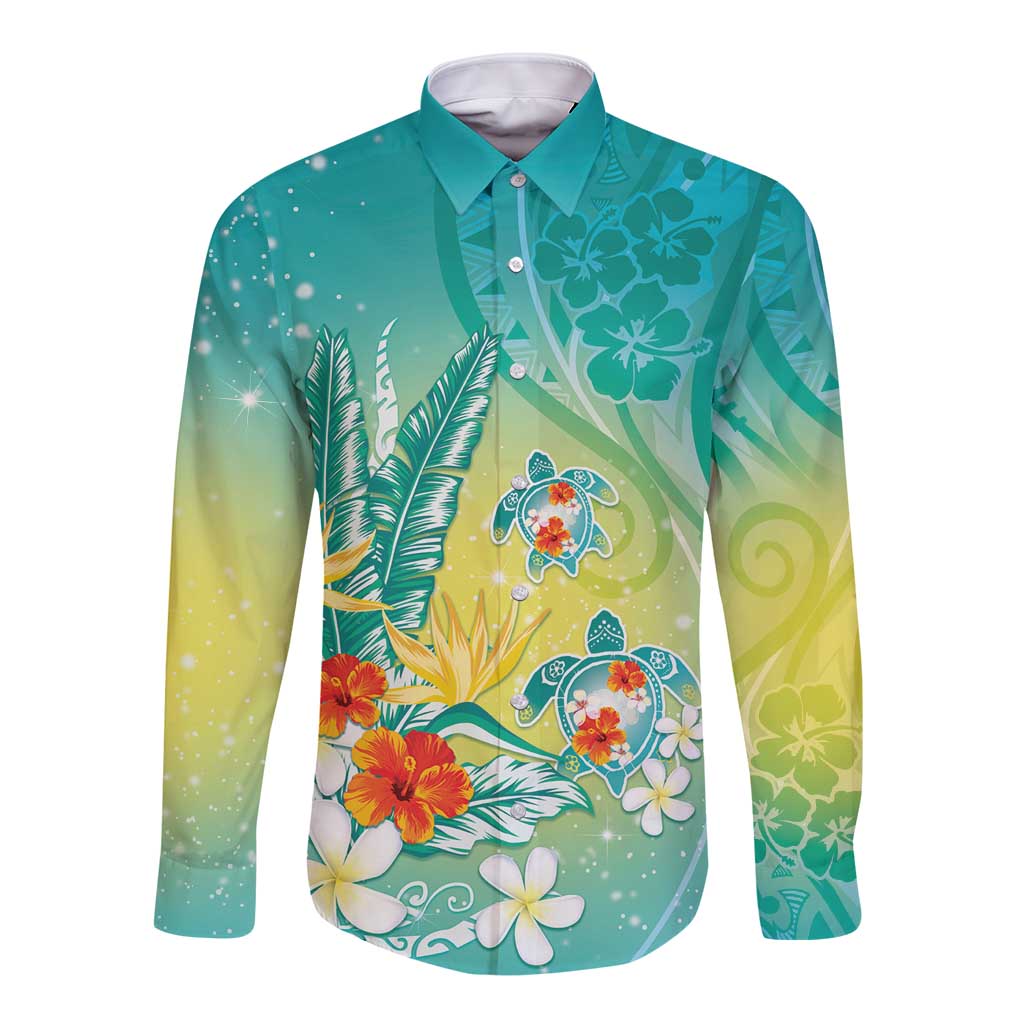 Hawaii Honu Long Sleeve Button Shirt Tropical Flowers Turquoise Gradient