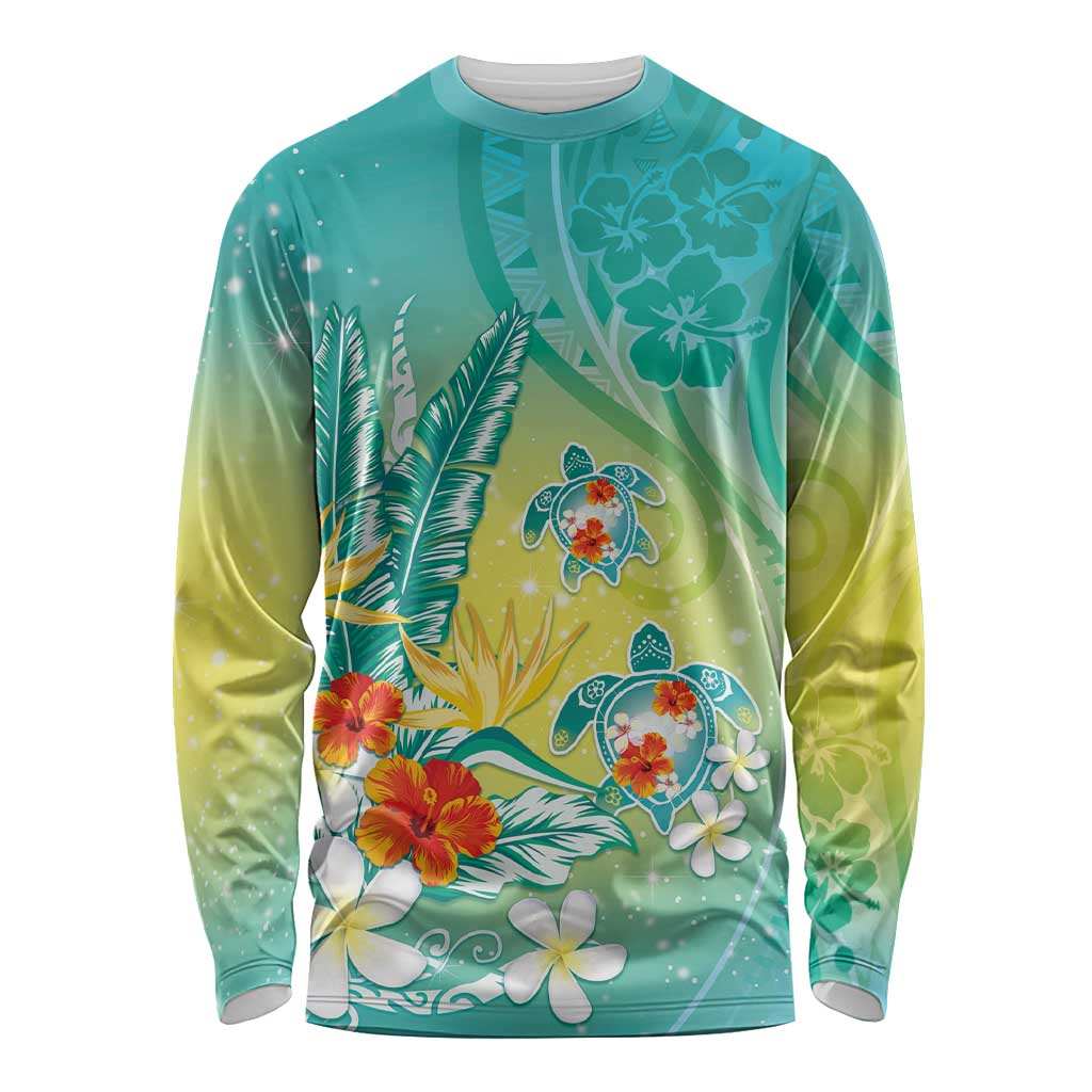 Hawaii Honu Long Sleeve Shirt Tropical Flowers Turquoise Gradient