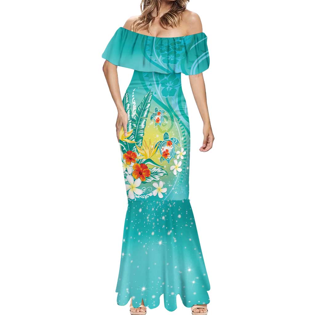 Hawaii Honu Mermaid Dress Tropical Flowers Turquoise Gradient
