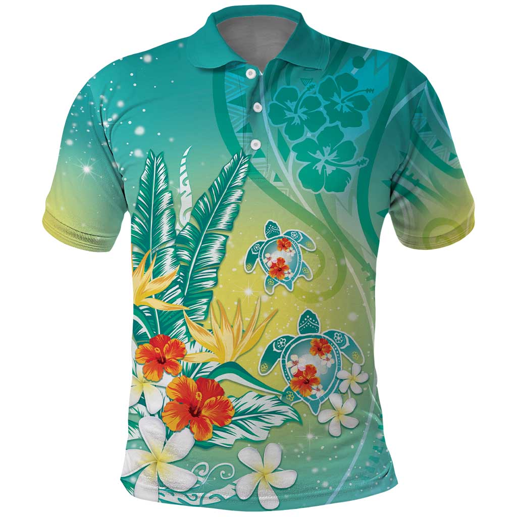 Hawaii Honu Polo Shirt Tropical Flowers Turquoise Gradient