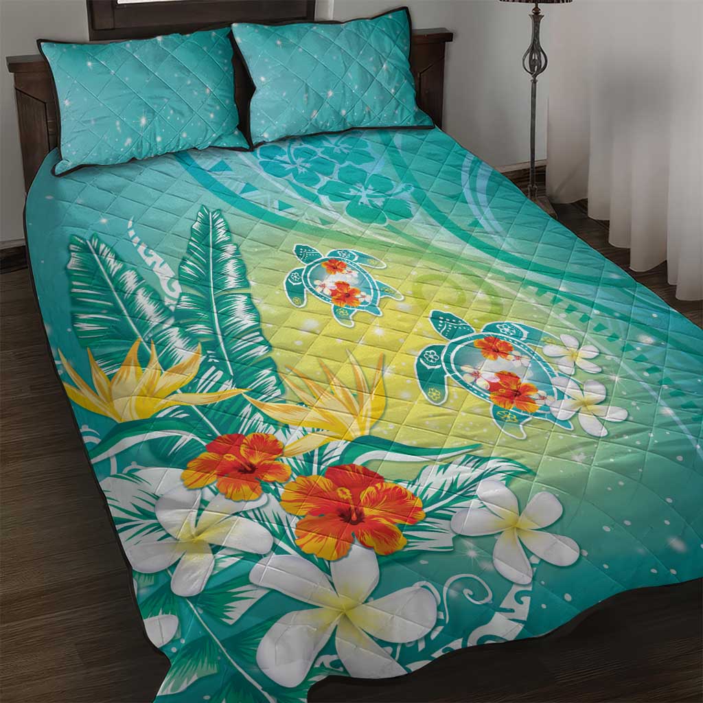 Hawaii Honu Quilt Bed Set Tropical Flowers Turquoise Gradient