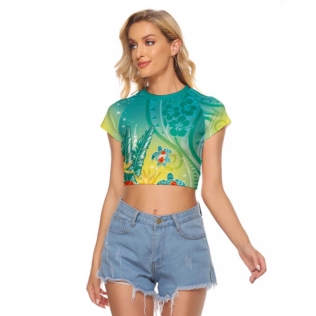 Hawaii Honu Raglan Cropped T Shirt Tropical Flowers Turquoise Gradient