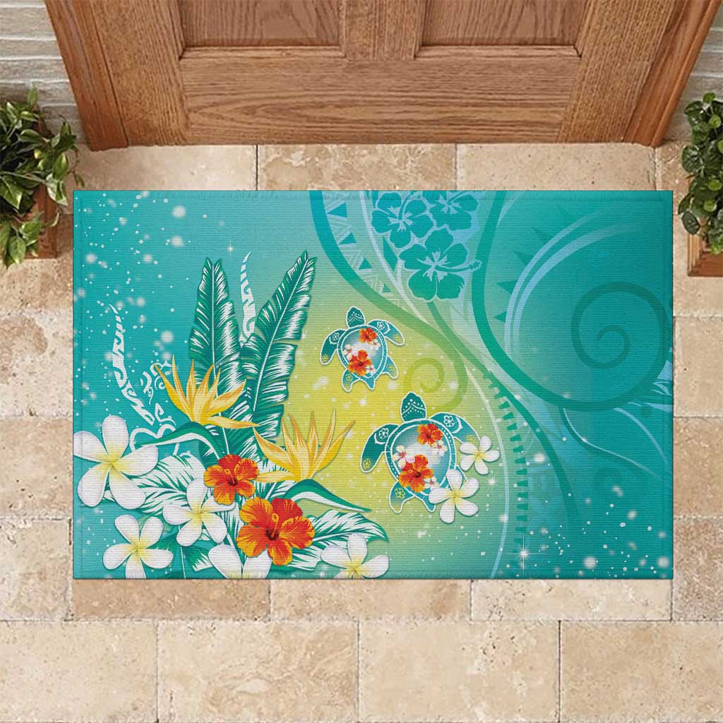 Hawaii Honu Rubber Doormat Tropical Flowers Turquoise Gradient