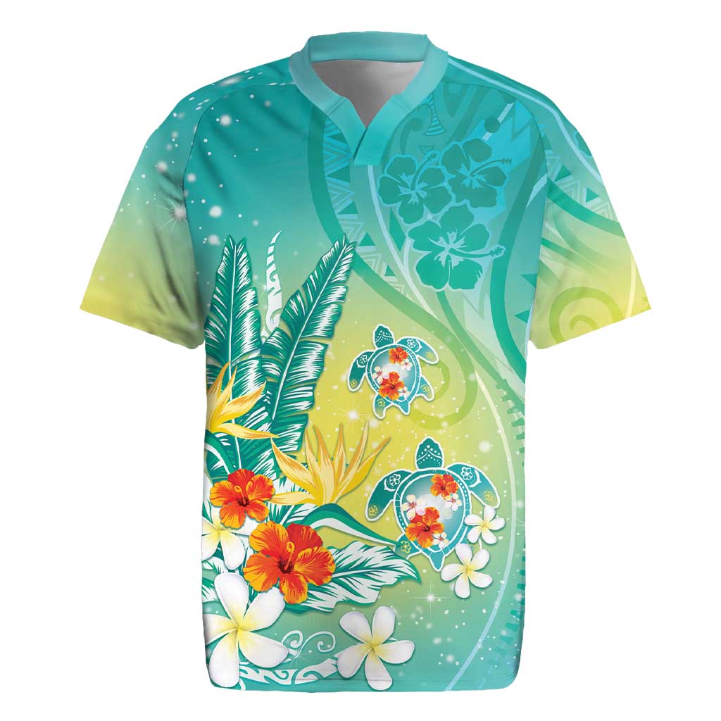 Hawaii Honu Rugby Jersey Tropical Flowers Turquoise Gradient