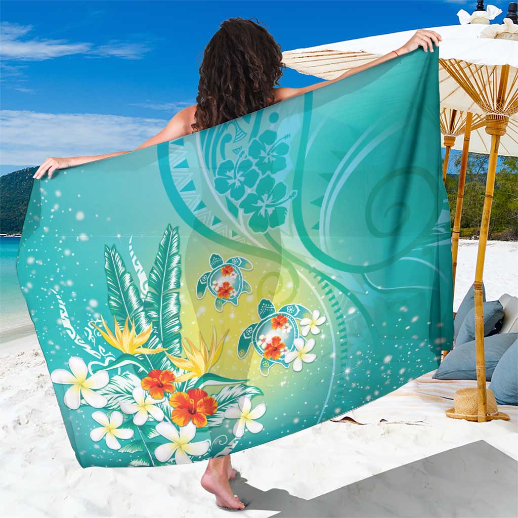 Hawaii Honu Sarong Tropical Flowers Turquoise Gradient