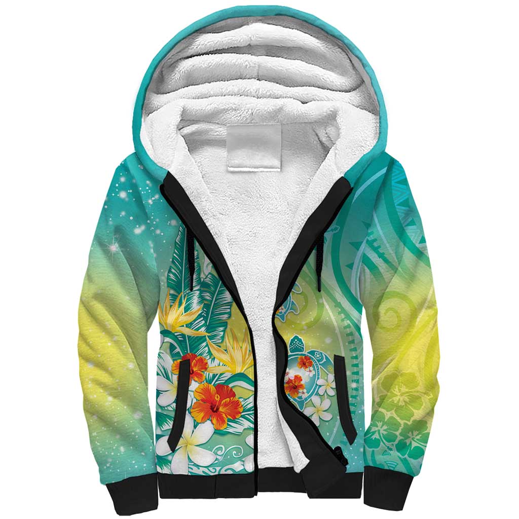 Hawaii Honu Sherpa Hoodie Tropical Flowers Turquoise Gradient