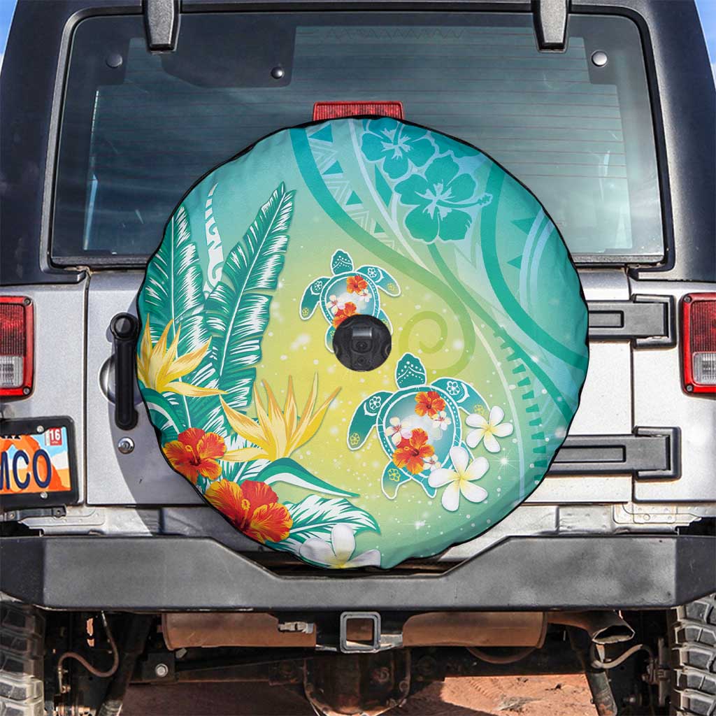 Hawaii Honu Spare Tire Cover Tropical Flowers Turquoise Gradient