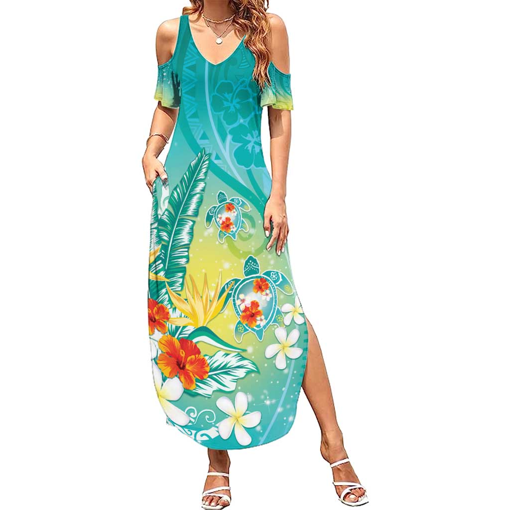 Hawaii Honu Summer Maxi Dress Tropical Flowers Turquoise Gradient