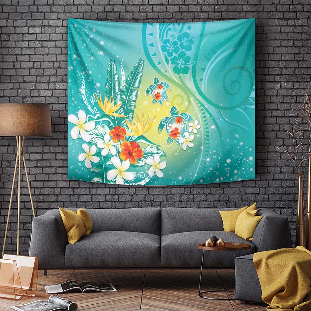 Hawaii Honu Tapestry Tropical Flowers Turquoise Gradient