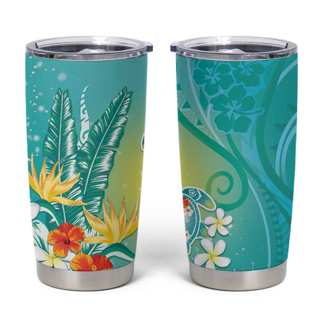 Hawaii Honu Tumbler Cup Tropical Flowers Turquoise Gradient