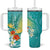 Hawaii Honu Tumbler With Handle Tropical Flowers Turquoise Gradient